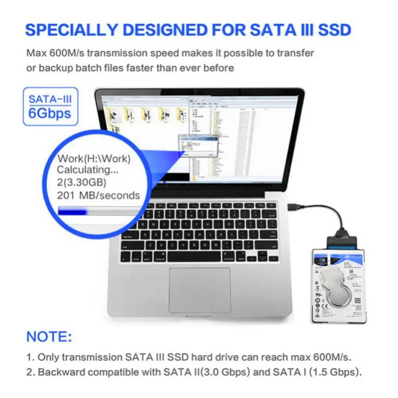 SATA prie USB 3.0 / 2.0 laidas iki 6 Gbps 2,5 colio išoriniam HDD SSD kietajam diskui SATA 3 22 kontaktų adapteris USB 3.0 į Sata III laidą