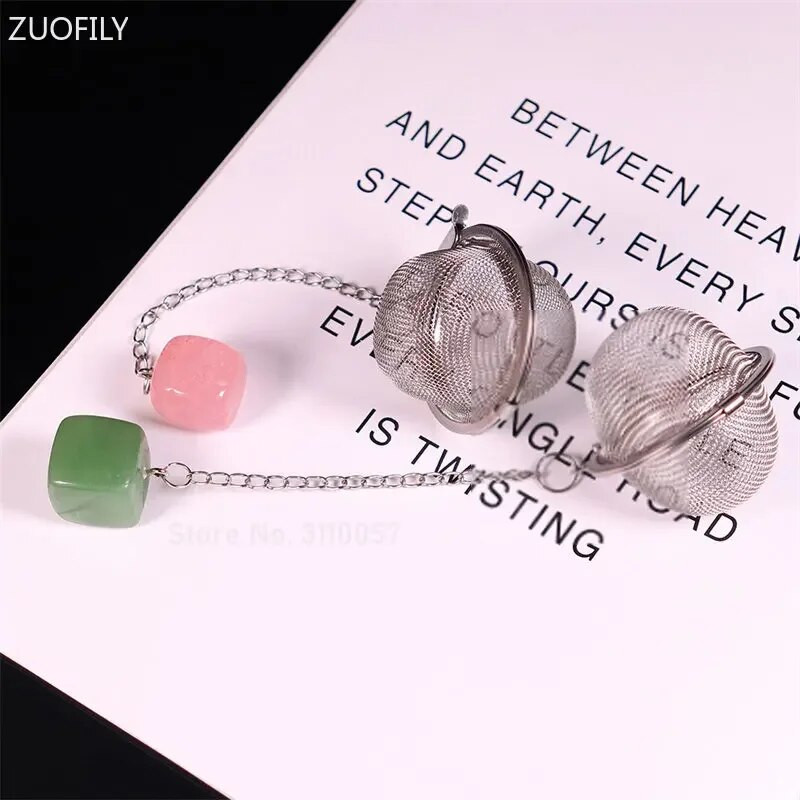 Új természetes kristály négyzet alakú kő 304 rozsdamentes acél tea infuser hálós szűrő láncos teaszűrővel teáskanna fűszer fűszer golyó