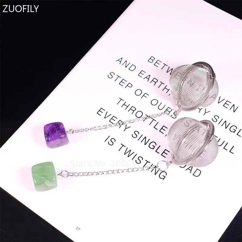 Új természetes kristály négyzet alakú kő 304 rozsdamentes acél tea infuser hálós szűrő láncos teaszűrővel teáskanna fűszer fűszer golyó