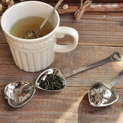 1 filtru de ceai cu mâner lung în formă de inimă, plasă din oțel inoxidabil, infuzor de ceai, lingură, filtru de ceai, filtru de ceainic mai abrupt, accesorii pentru ceai