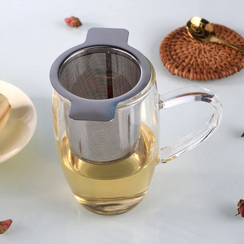 Двойни дръжки Tea Infuser Филтър за теч за чай с капак Филтър за кафе от неръждаема стомана Филтър за кафе Чаша за чай Цедка за чай на насипни листа