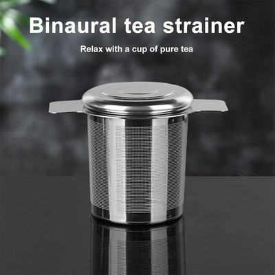 Infuzor de ceai cu mâner dublu Filtru de ceai pentru scurgeri cu capac Filtru de cafea cu plasă fină din oțel inoxidabil ceainic ceainic sită de ceai cu frunze libere