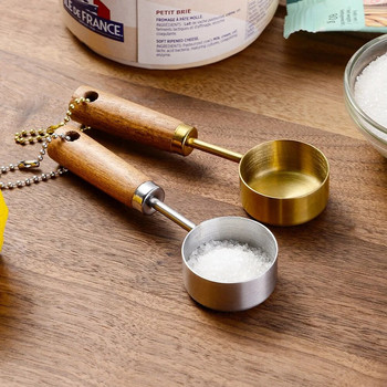 14 мл мерителна лъжица от неръждаема стомана с плоско дъно, окачена мерителна чаша, устойчива на ръжда с дървена дръжка Кухненски инструменти за измерване на кафе