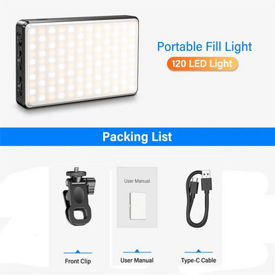 120 LED didelės galios įkraunamas spaustuką užpildantis vaizdo lemputė su tvirtu spaustuku su reguliuojamu 3 apšvietimo režimais, skirta telefono Ipad planšetinio kompiuterio asmenukės apšvietimui