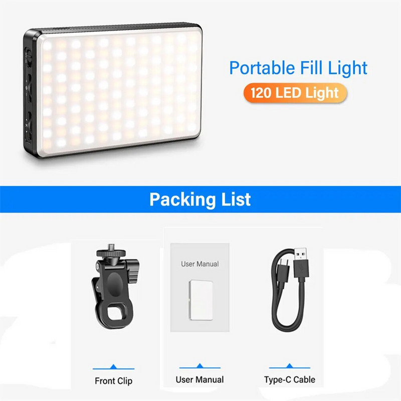 120 LED didelės galios įkraunamas spaustuką užpildantis vaizdo lemputė su tvirtu spaustuku su reguliuojamu 3 apšvietimo režimais, skirta telefono Ipad planšetinio kompiuterio asmenukės apšvietimui