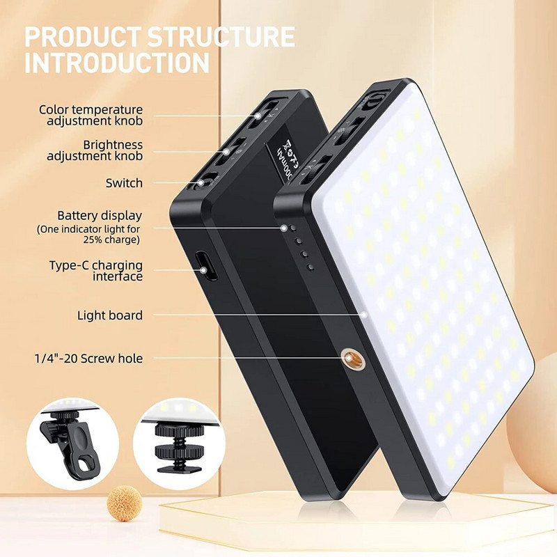 120 LED telefono lemputė asmenukių šviesa 3000 mah įkraunama klipų vaizdo lemputė, skirta iPhone iPad kamerai nešiojamam kompiuteriui Samsung telefonams asmenukės