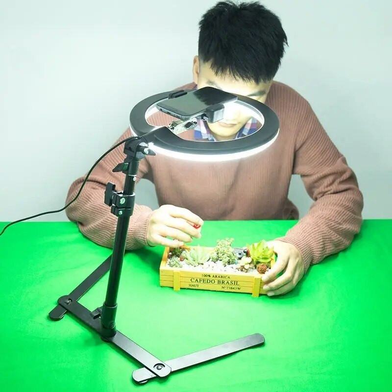 Stalinis viršutinis trikojis, skirtas filmuoti su LED žiedine lempa Stalinis stovas su mobiliojo telefono laikikliu, skirtas nagams