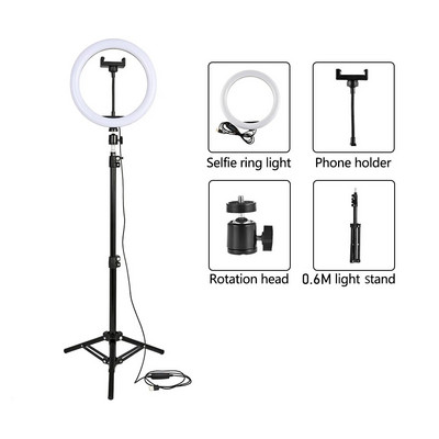 „Selfie Ring“ LED lempos fotografinis apšvietimas su metaliniu fotografijos trikojo stovo telefono laikikliu, reguliuojamu „Youtube TikTok Video“