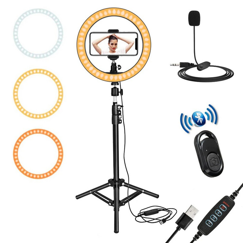 „Selfie Ring“ LED lempos fotografinis apšvietimas su metaliniu fotografijos trikojo stovo telefono laikikliu, reguliuojamu „Youtube TikTok Video“