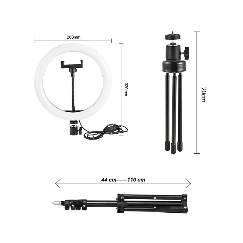 „Selfie Ring“ LED lempos fotografinis apšvietimas su metaliniu fotografijos trikojo stovo telefono laikikliu, reguliuojamu „Youtube TikTok Video“