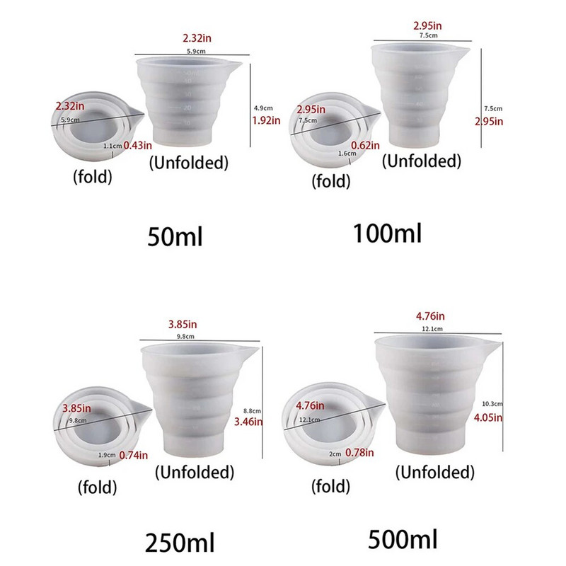 50–500 ml sulankstomas silikoninis matavimo puodelis Daugiarūšis nešiojamasis skysčių konteineris silikoninis maišymo puodelis, skirtas „pasidaryk pats“ epoksidinės dervos papuošalams