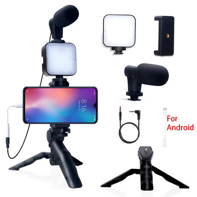 Комплект за Vlogging на смартфон за iPhone Android със статив Мини микрофон Стартов комплект за Vlog за TikTok Live Stream Video YouTube