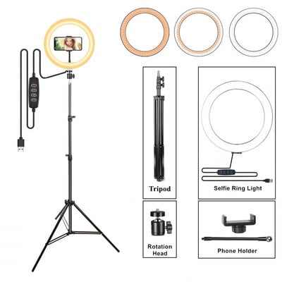 Светлинен пръстен със статив Кръгъл пръстен Лампа Led светлини Стойка Осветление за селфи фотография Фото студио За грим Комплект видео Vlog USB