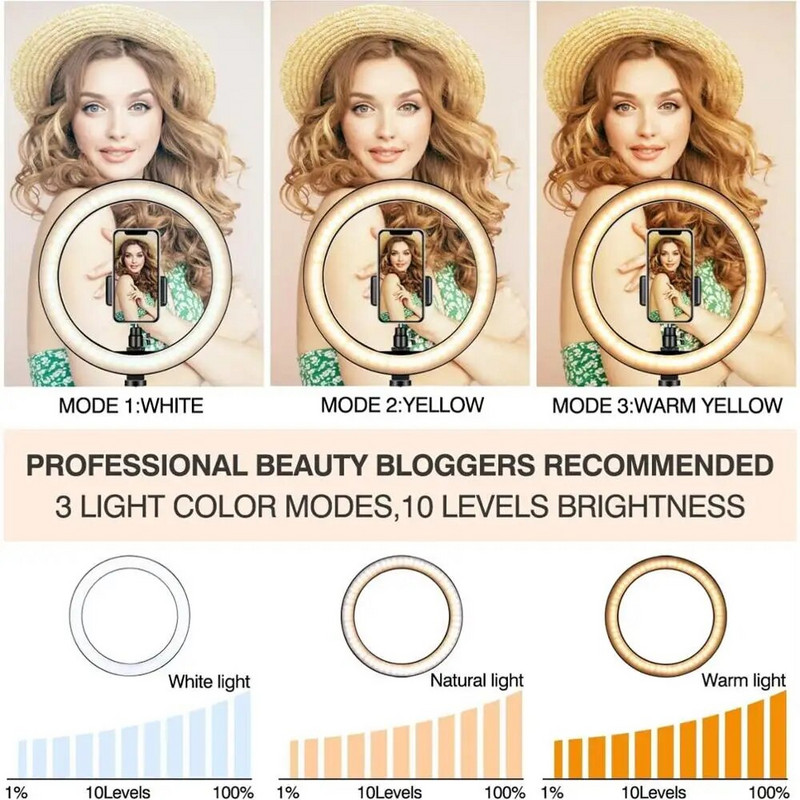 Šviesos žiedas su trikoju Apvalios žiedinės lempos LED lemputės stovas asmenukių fotografijos apšvietimas foto studija makiažui vaizdo įrašų rinkinys USB