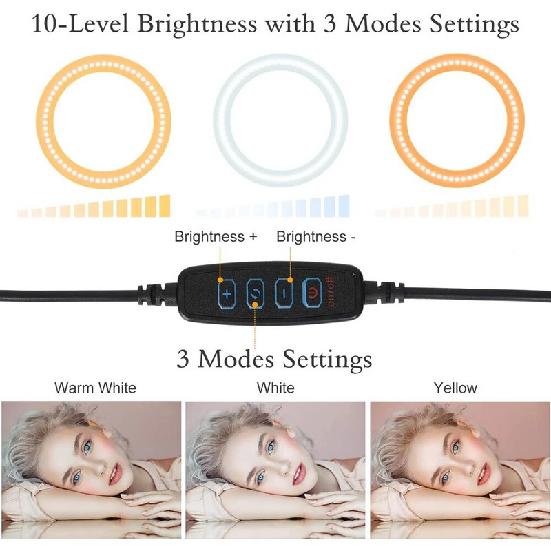 Šviesos žiedas su trikoju Apvalios žiedinės lempos LED lemputės stovas asmenukių fotografijos apšvietimas foto studija makiažui vaizdo įrašų rinkinys USB