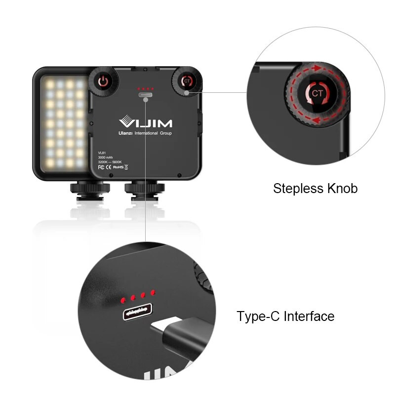 Ulanzi VIJIM VL81 3200k-5600K 850LM 6,5 W pritemdomas mini vaizdo įrašų užpildymo lemputė LED vaizdo lemputė su įmontuota 3000 mAh baterija