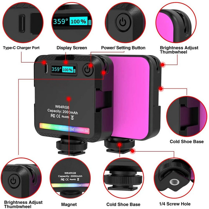 Atnaujintas VL49 RGB visos spalvos LED vaizdo apšvietimas 2500K-9000K 800LUX magnetinis mini užpildymo šviesos išplėtimas, 3 šalto bato 2000 mAh c tipo prievadas