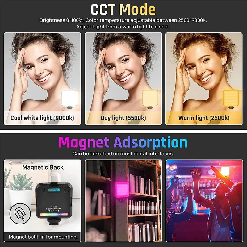 Atnaujintas VL49 RGB visos spalvos LED vaizdo apšvietimas 2500K-9000K 800LUX magnetinis mini užpildymo šviesos išplėtimas, 3 šalto bato 2000 mAh c tipo prievadas