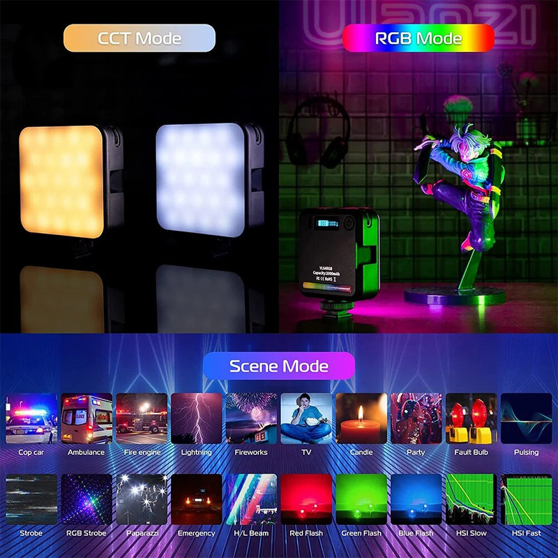 Atnaujintas VL49 RGB visos spalvos LED vaizdo apšvietimas 2500K-9000K 800LUX magnetinis mini užpildymo šviesos išplėtimas, 3 šalto bato 2000 mAh c tipo prievadas
