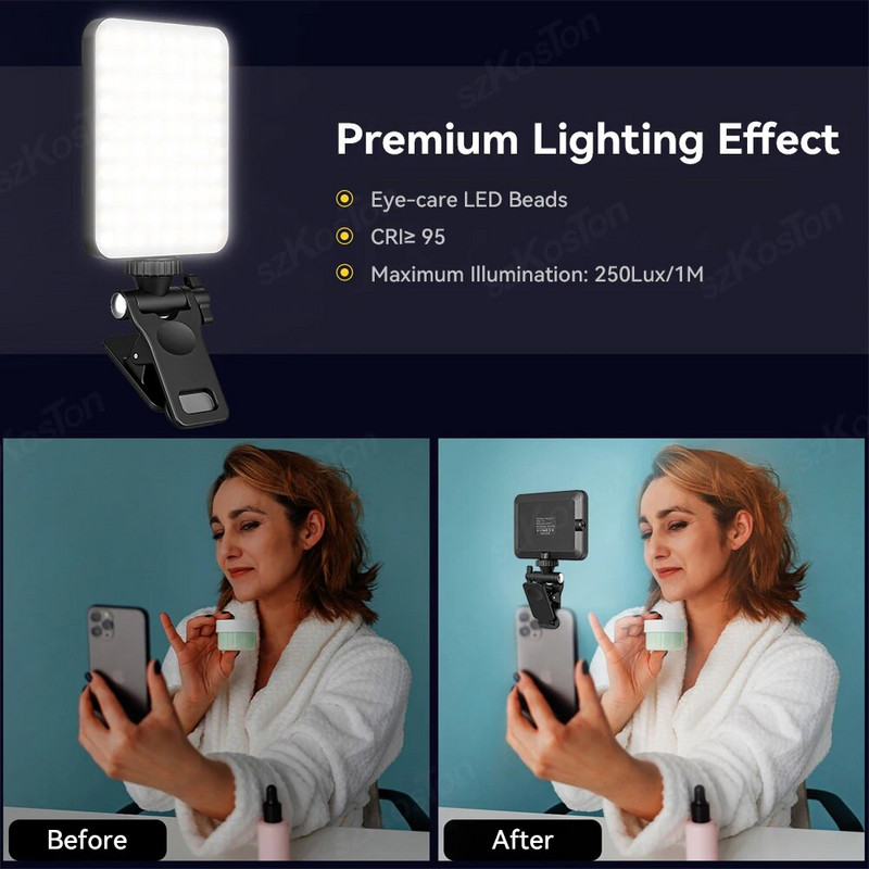 LED lieljaudas uzlādējama klipa aizpildīšanas video lampiņa ar regulētu priekšējo un aizmugurējo klipu 3 gaismas režīmi tālrunim iPad