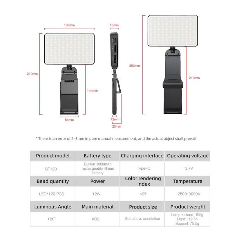 Dviejų spalvų LED vaizdo žurnalo lemputė su 1/4 colio įsriegtomis skylėmis 120 vnt. karoliukai CRI≥95 2500K-9000K spalvos temperatūra su šviesos stovu