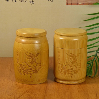Ръчно изработена бамбукова кутия за съхранение на чай Китайски издълбан канистър за чай Капак Уплътнение Кухненски буркани за съхранение Аксесоари Кутия за подправки Организатор