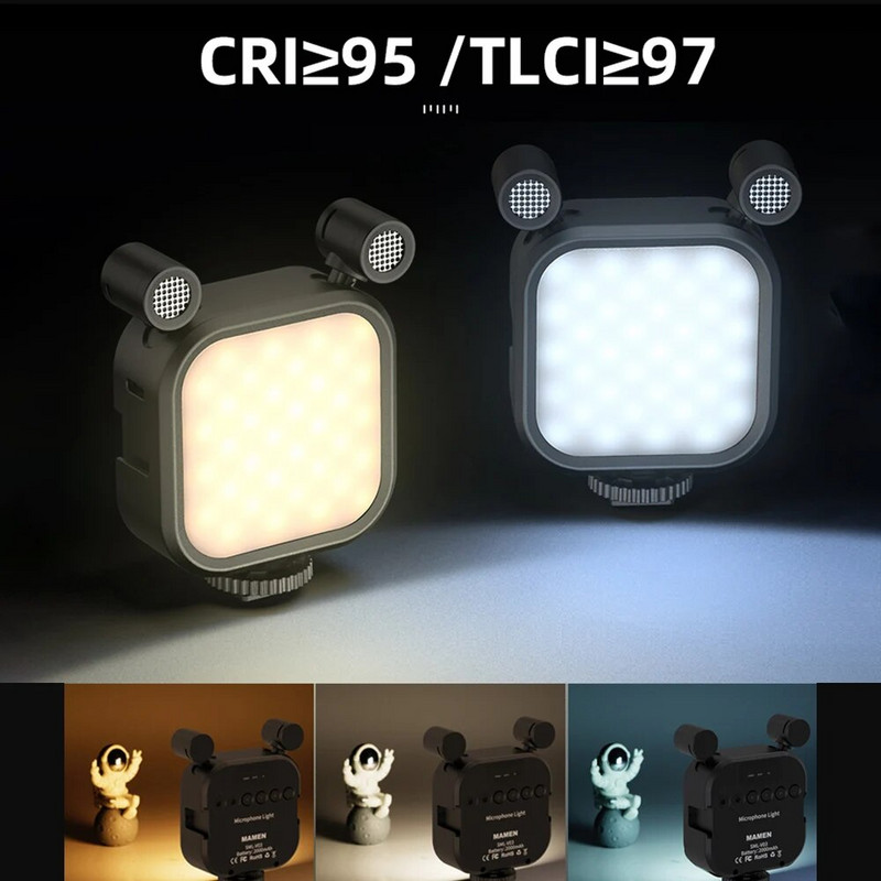 LED užpildymo kišeninis fotografavimo šviestuvas su dviem mikrofonais, didelės talpos baterijos 2500K-9000K pritemdomas pagalbinis telefonas / fotoaparatas