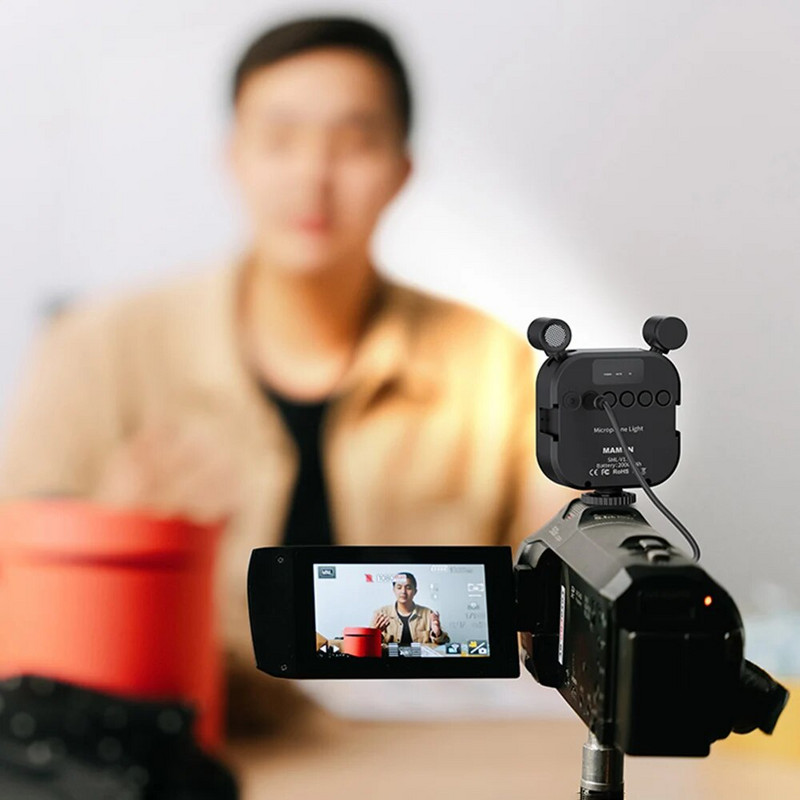 LED užpildymo kišeninis fotografavimo šviestuvas su dviem mikrofonais, didelės talpos baterijos 2500K-9000K pritemdomas pagalbinis telefonas / fotoaparatas