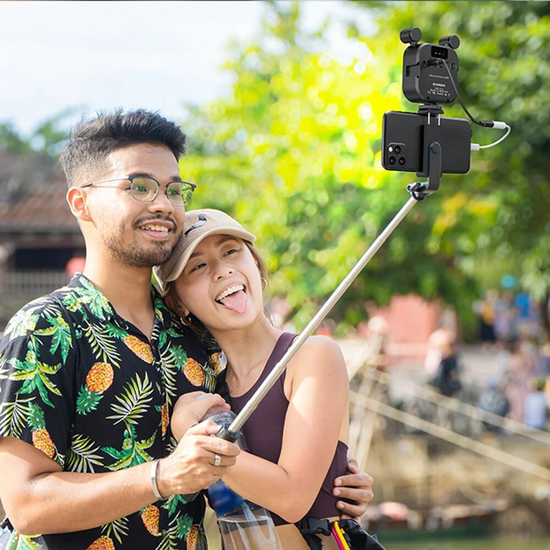 LED užpildymo kišeninis fotografavimo šviestuvas su dviem mikrofonais, didelės talpos baterijos 2500K-9000K pritemdomas pagalbinis telefonas / fotoaparatas