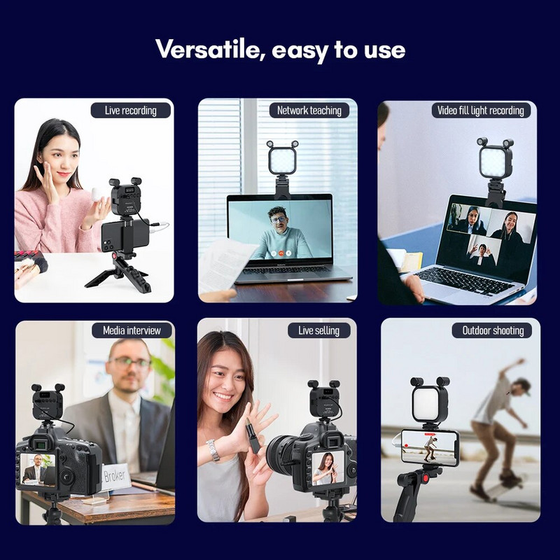 LED užpildymo kišeninis fotografavimo šviestuvas su dviem mikrofonais, didelės talpos baterijos 2500K-9000K pritemdomas pagalbinis telefonas / fotoaparatas