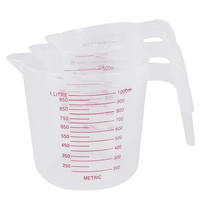 3 vnt. plastikinių matavimo ąsočių rinkinys, didelis 4 puodeliai, 2 puodeliai ir 1 puodelis talpos BPA matavimo stiklinės su kampuotu rankenos pagrindiniu virtuvės reikmeniu