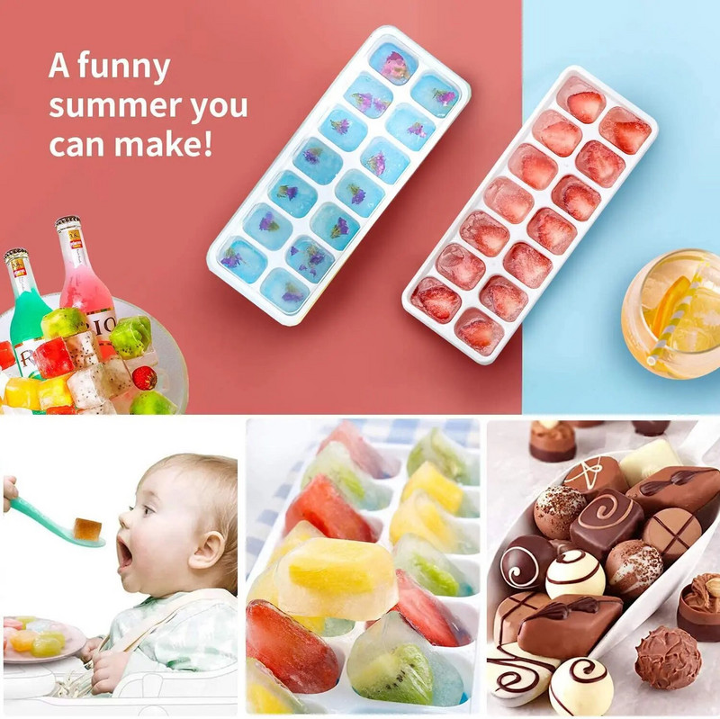 Ledo kubelių padėklai, lengvai nuimamas silikonas ir lankstūs kubelių padėklai su išsiliejimui atspariu nuimamu dangteliu, sukraunami ledo padėklai su dangteliais