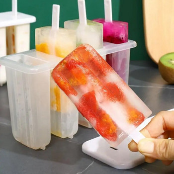 Форми за сладолед 4 комплекта форми за лед Popsicle Ice Tray Сладолед за многократна употреба с капак за стик Форма за лед Кухненски аксесоари