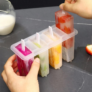 Форми за сладолед 4 комплекта форми за лед Popsicle Ice Tray Сладолед за многократна употреба с капак за стик Форма за лед Кухненски аксесоари