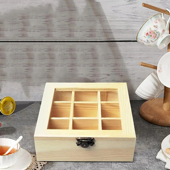 Кутия за съхранение на чай с 9 отделения, прозрачен стъклен плот, многофункционална кутия за съхранение, която може да съхранява различни торбички чай Издръжлив