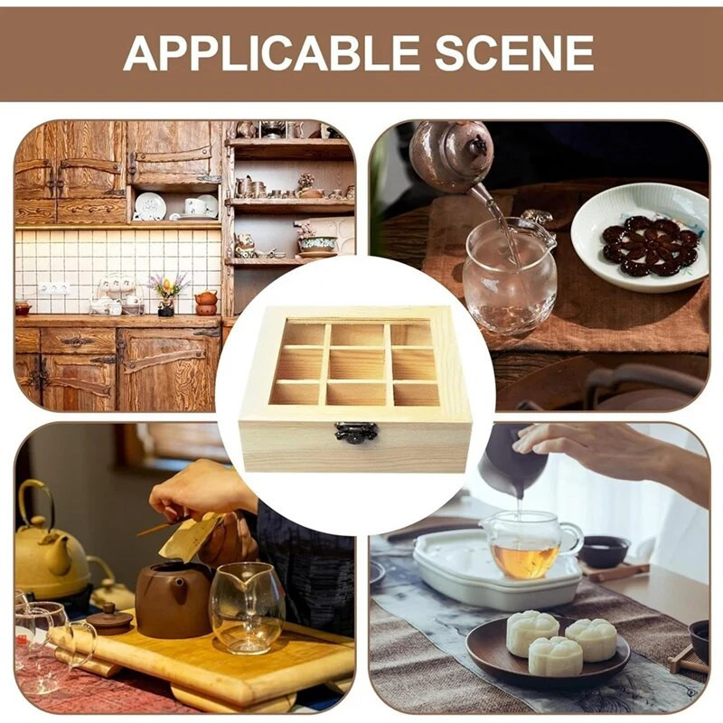 Teehoidik 9 kambriga, läbipaistvast klaasist ülaosa, multifunktsionaalne hoiukarp, mis mahutab mitmesuguseid vastupidavaid teepakke