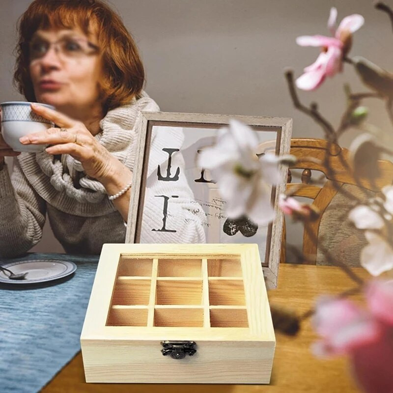 Teehoidik 9 kambriga, läbipaistvast klaasist ülaosa, multifunktsionaalne hoiukarp, mis mahutab mitmesuguseid vastupidavaid teepakke