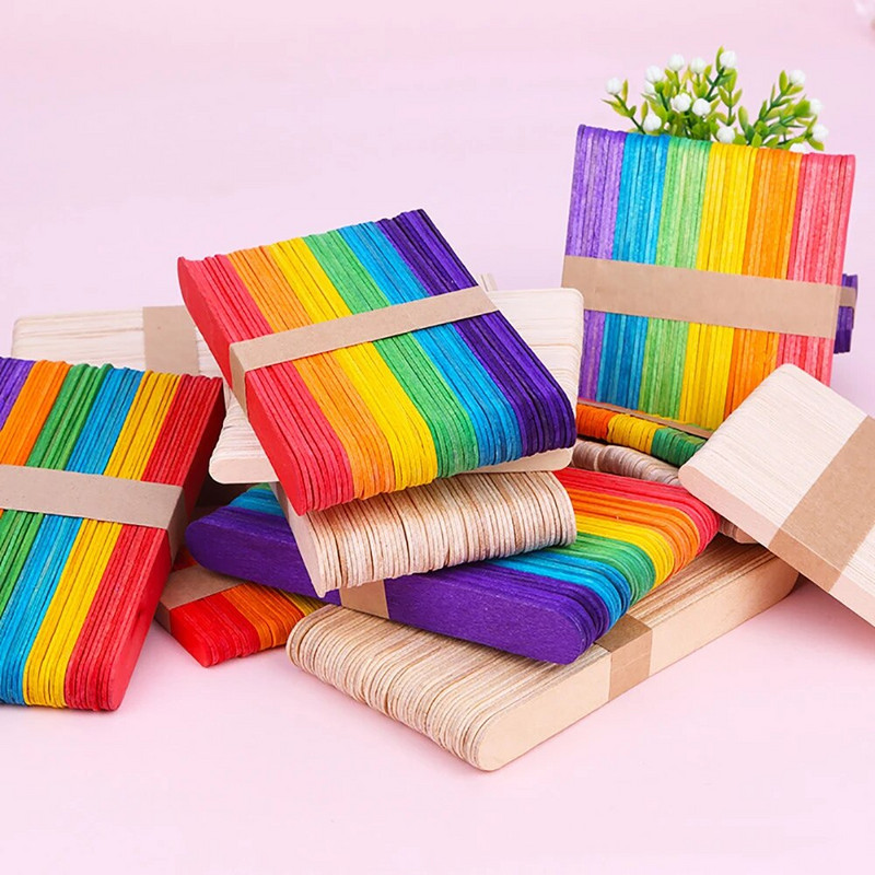 UPORS 50Pcs/Σετ Παγωτό ξυλάκια Φυσικά ξύλινα Ξυλάκια Πάγου Popsicle Sticks Πολύχρωμα ξυλάκια χειροτεχνίας για παιδιά DIY Homemade
