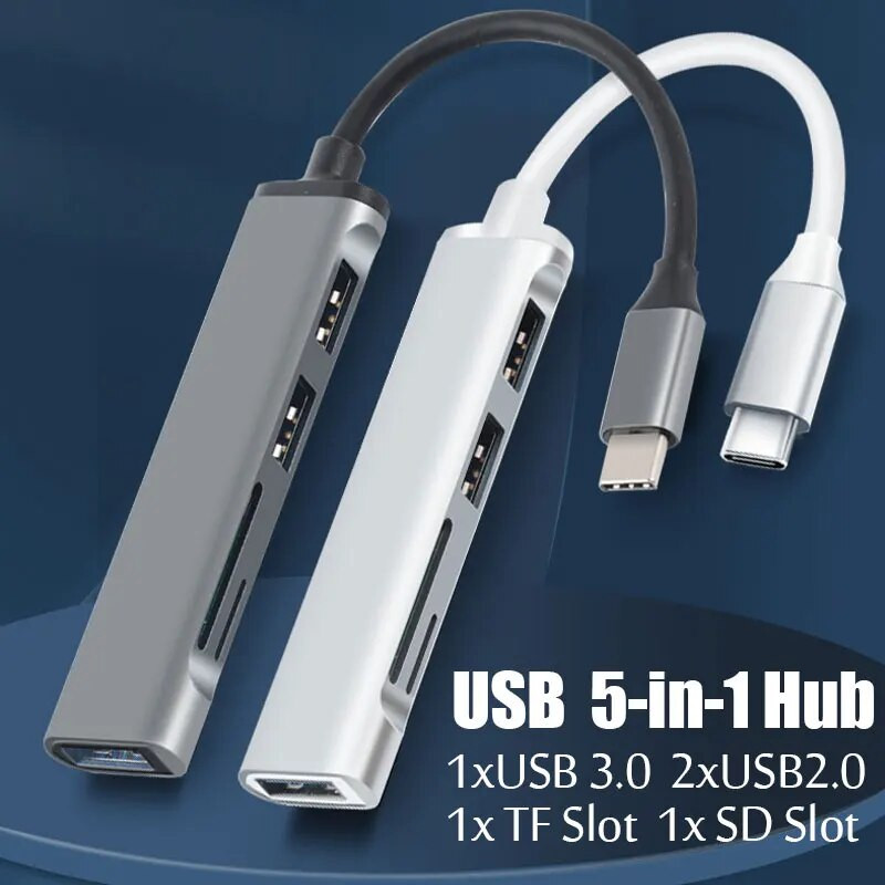 USB HUB typu C, USB 3.0, USB 2.0, TF/SD, 5-portový multifunkčný rozbočovač OTG pre Lenovo, HUAWEI, Xiaomi, hliníkový USB 3.0 Hub pre PC