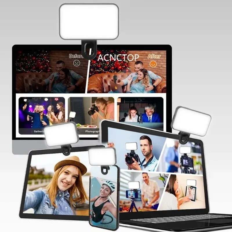 Blițuri reîncărcabile pentru telefonul mobil, LED pentru computer, lumini pentru selfie, reglabile 3 moduri de lumină pentru aparatul foto iPad, laptop, clemă pentru lampă portabilă
