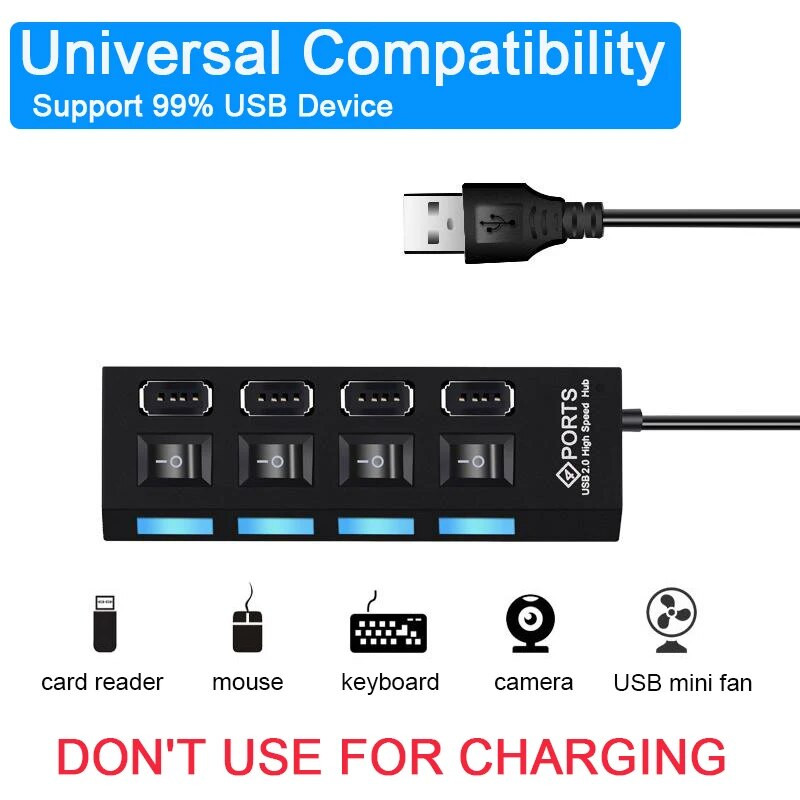 Ātrgaitas 4/7 porti USB HUB 2.0 adaptera paplašinātājs, vairāku USB sadalītāju vairāku paplašinātāju ar LED lampas slēdzi datora klēpjdatoram