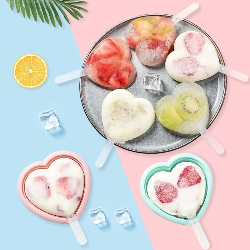 Nauja „pasidaryk pats“ silikoninių ledų formavimo forma su PP dangteliu ir lipdukais Virtuvės priedai „Lovely Heart“ ledų formavimo mašina