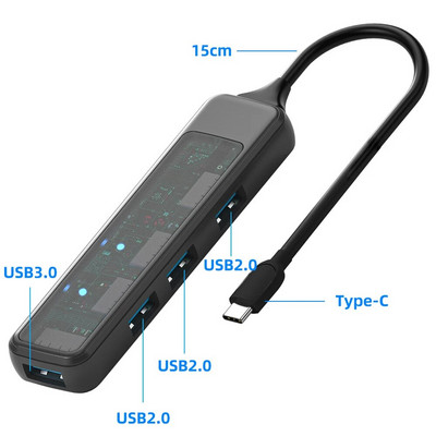 Átlátszó USB A Type C HUB 5/4 az 1-ben USB 3.0 SD TF kártyaolvasóval Macbook notebook számítógéphez Gyors adatátvitel