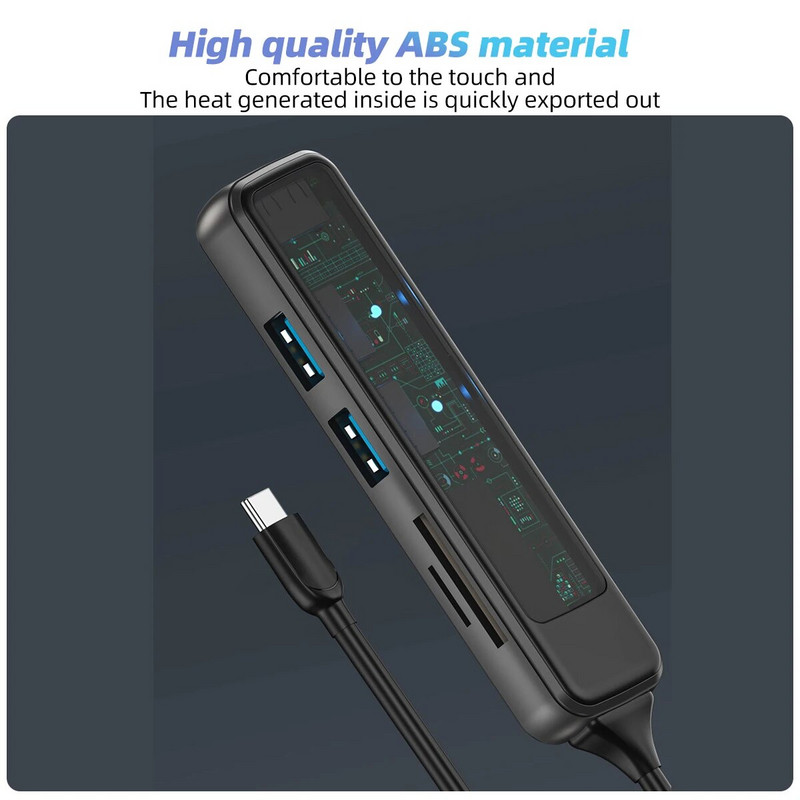 Átlátszó USB A Type C HUB 5/4 az 1-ben USB 3.0 SD TF kártyaolvasóval Macbook notebook számítógéphez Gyors adatátvitel