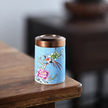 Преносима емайлирана шарка на цветя и птици Керамика Чай Caddy Пътна торбичка за чай Запечатан буркан за чай Кафе на прах Резервоар за съхранение на подправки