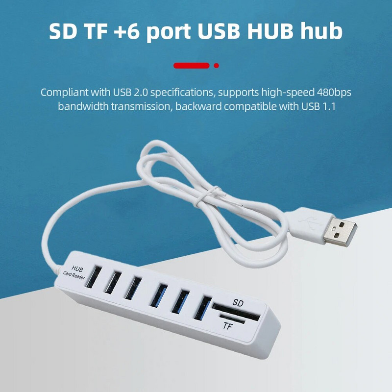 USB 2.0 šakotuvas 6 prievadų šakotuvas kelių skirstytuvo prievadas 100 cm ilgio laidas, daugkartinis kompiuterio nešiojamojo kompiuterio USB adapterio priedai.