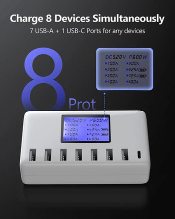 USB станция за зареждане, EU щепсел 8-портов многопортов USB C хъб зарядно устройство с LCD дисплей за мобилен телефон и таблет множество устройства,