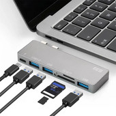 C tipo „Thunderbolt 3“ prijungimo stotis USB-C prie USB 3.0 HUB 40 Gbps 6 in 1 SD/TF kortelių skaitytuvas 6 prievadai, pritaikyti „MacBook“ / „Air“