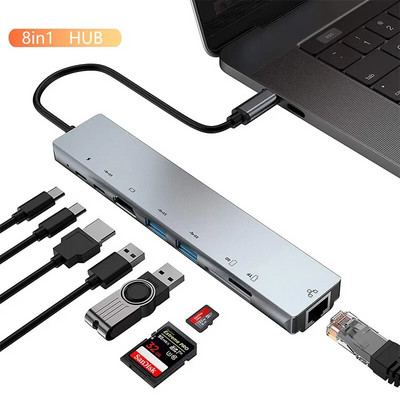 8 IN 1 Type C Usb C Hub 3 0 Docking Station With 10/100 Mbps RJ45 Audio Jack TF/SD Reader 4K HDMI PD For Laptop Macbook 2021 Pro