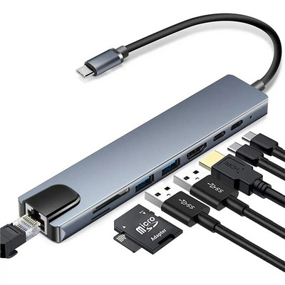 8 viename C tipo Usb C šakotuvas 3 0 prijungimo stotelė su 10/100 Mbps RJ45 garso lizdu TF/SD skaitytuvu 4K HDMI PD nešiojamam kompiuteriui Macbook 2021 Pro